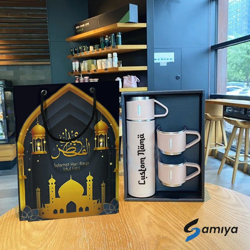 hampers lebaran tumbler vacuum set free custom nama / bingkisan kado edisi idul fitri thermos botol minum set custom grafir