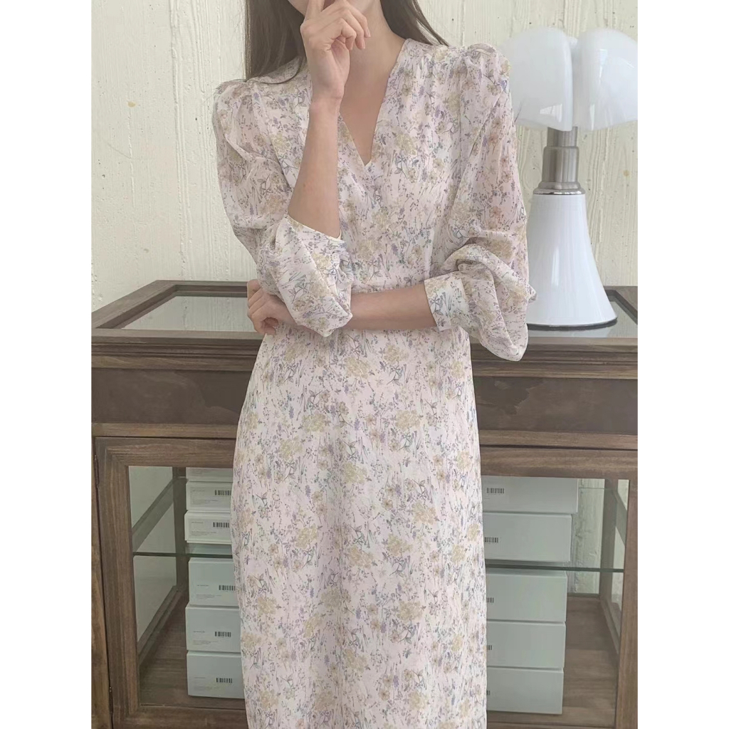 Korea v-neck long Floral dress temperament for women