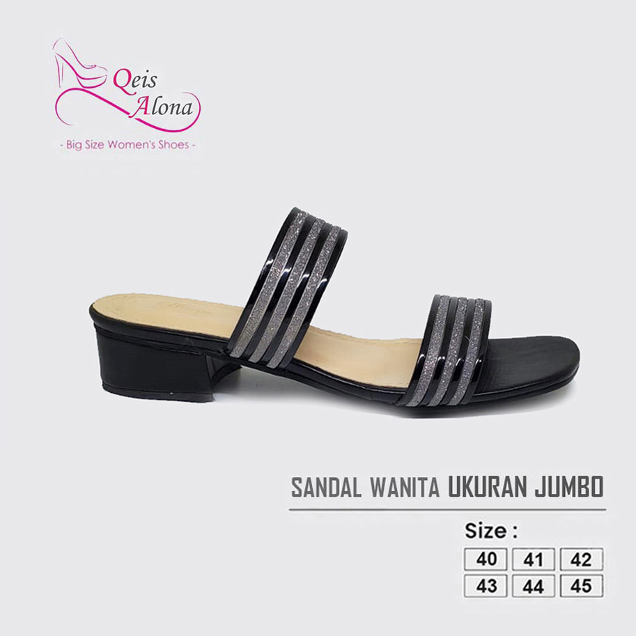 Sandal Heels Wanita (Ukuran Besar Kaki Jumbo) Teplek Hak 3 cm Black Silver