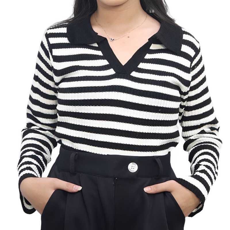 Kaos Kerah Rajut Wanita - T-shirt Kra Vneck Salur