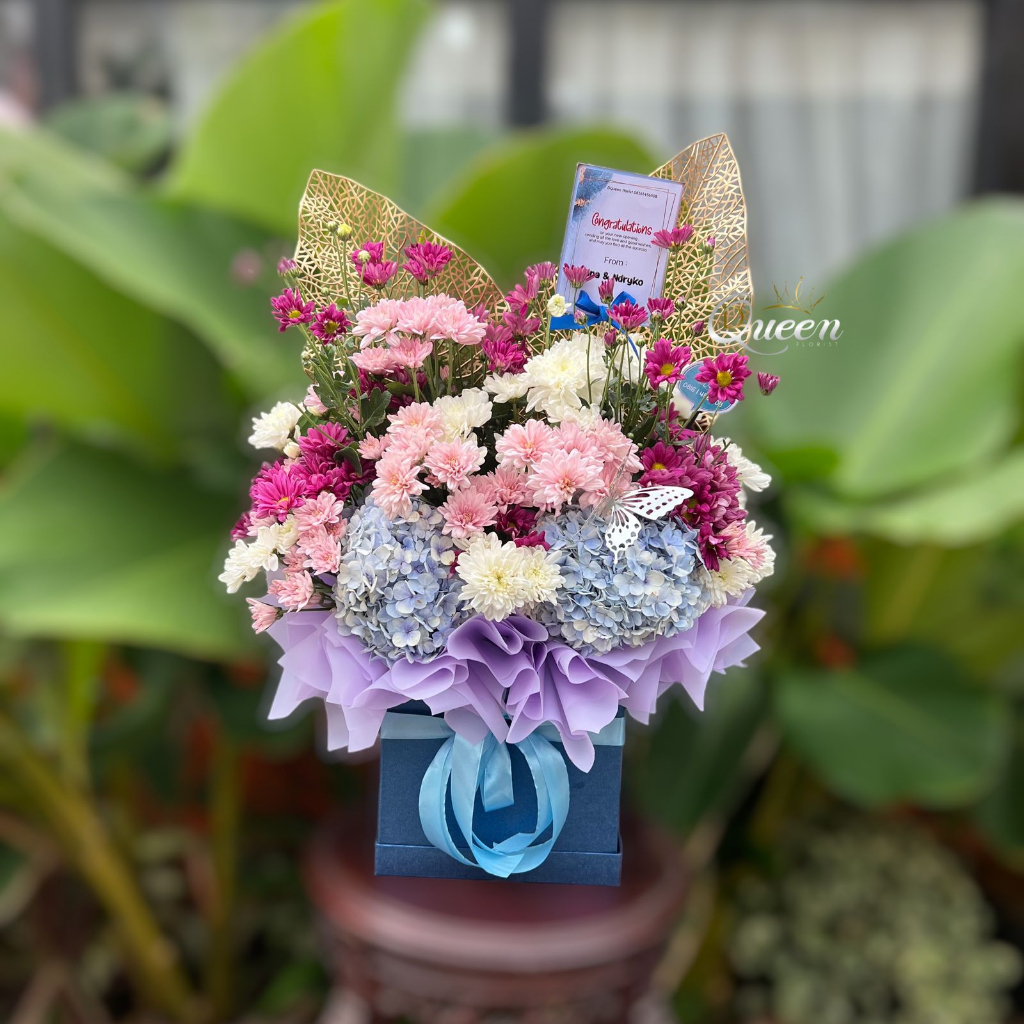 DQueen Florist Bunga Box Fresh Gift Flower Box Custom Bunga Buket Bucket Bulat Kotak Hantaran Ulang Tahun