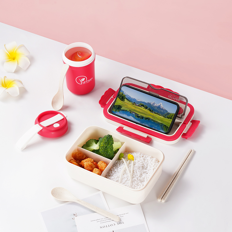 Letyeah &amp; Kaizenliving kotak makan siang anak siswa mangkuk sup plastik tempat bekal Anti Tumpah lunch box set