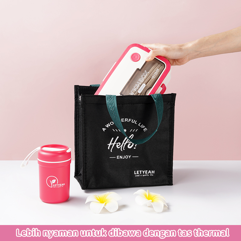 Letyeah &amp; Kaizenliving kotak makan siang anak siswa mangkuk sup plastik tempat bekal Anti Tumpah lunch box set