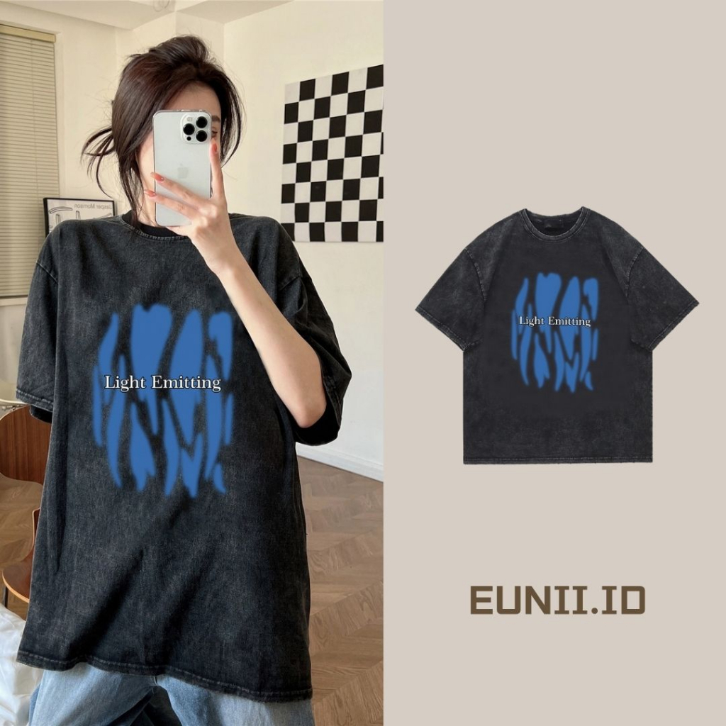 EUNII T-shirt Lengan Pendek Black Washed Blue Heart Design Printing Korean Style/Kaos Atasan Wanita/Baju Wanita