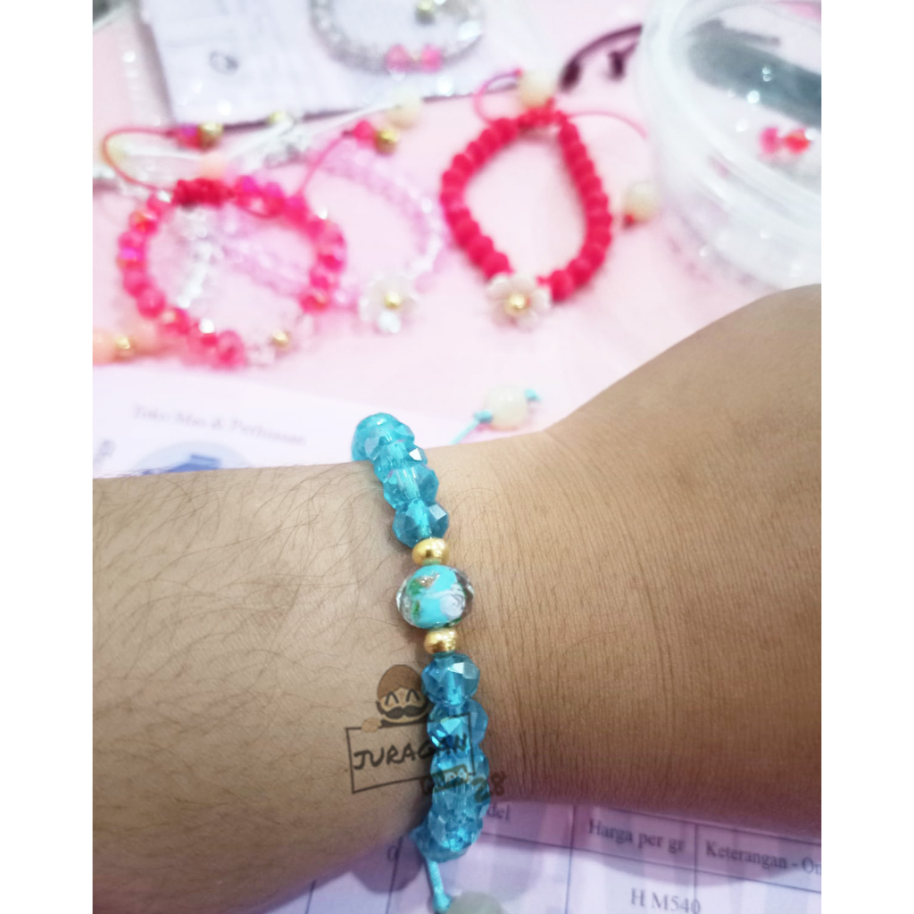 Gelang Tali Cristal Murano 2 Liontin Emas Asli kadar 10 karat 10k