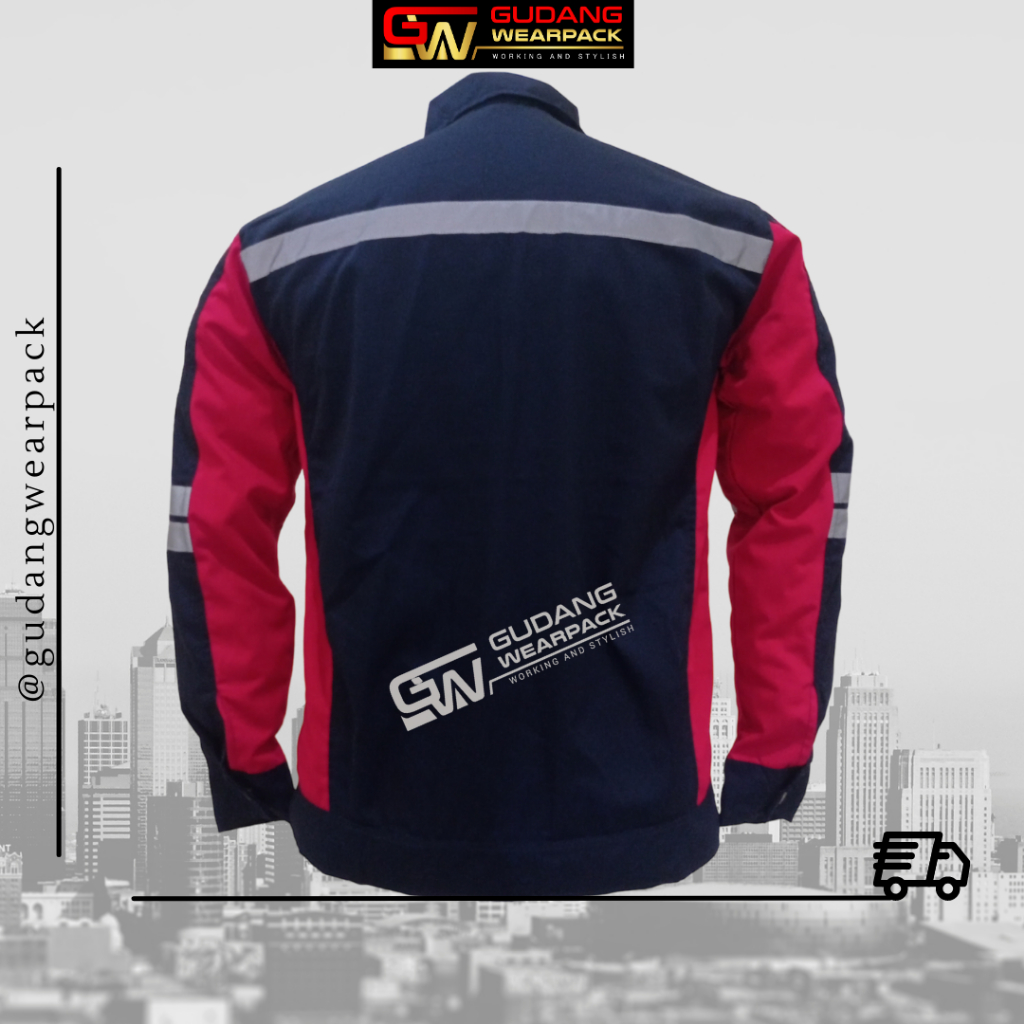 Gudang Wearpack - Baju Kerja Seragam Proyek SemiJaket Warna Dongker Lis Merah