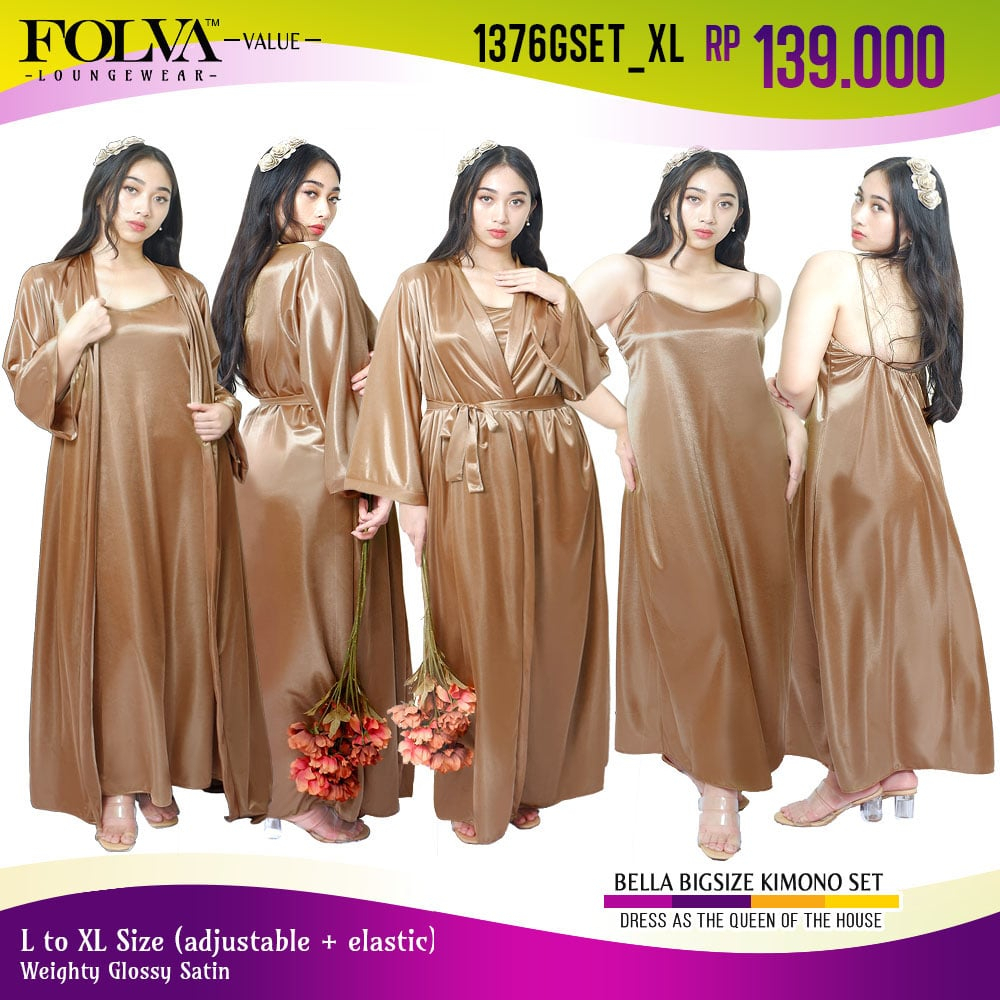 FOLVA kimono set panjang satin 1376GSET_XL gold big size XL