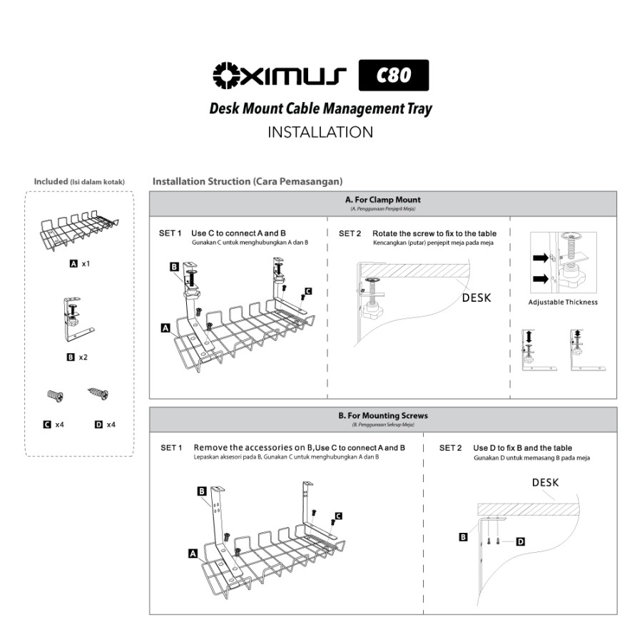OXIMUS C80 Desk Mount Cable Management Tray