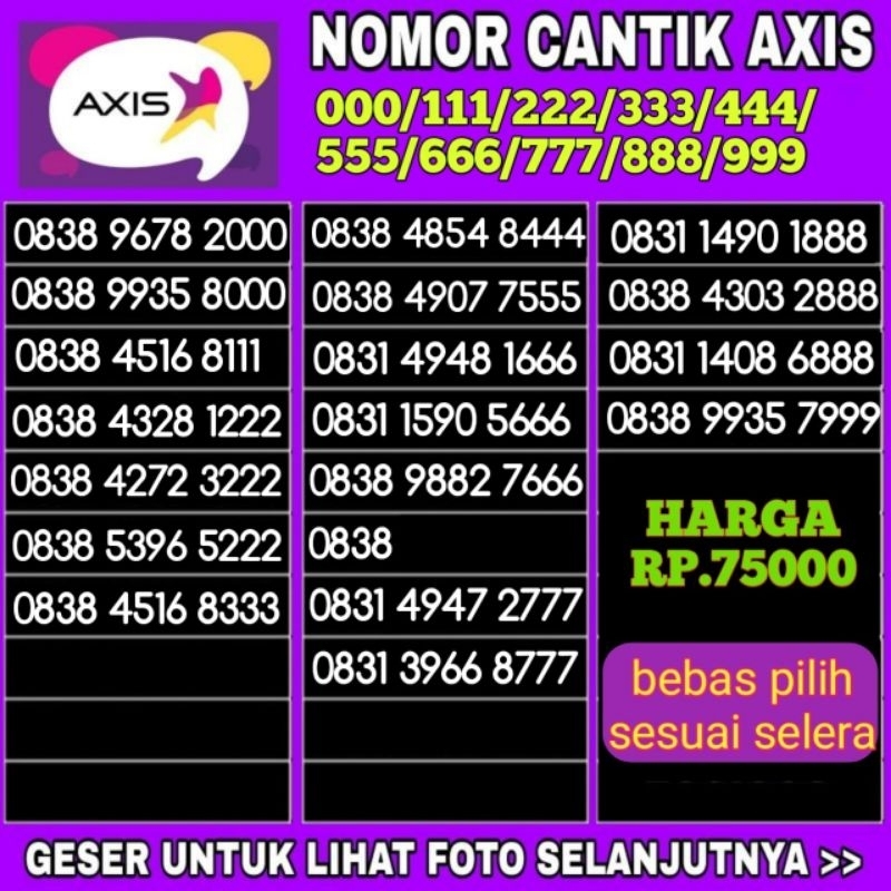 NOMOR CANTIK KARTU AXIS 111,222,333,444,555,666,777,888,999