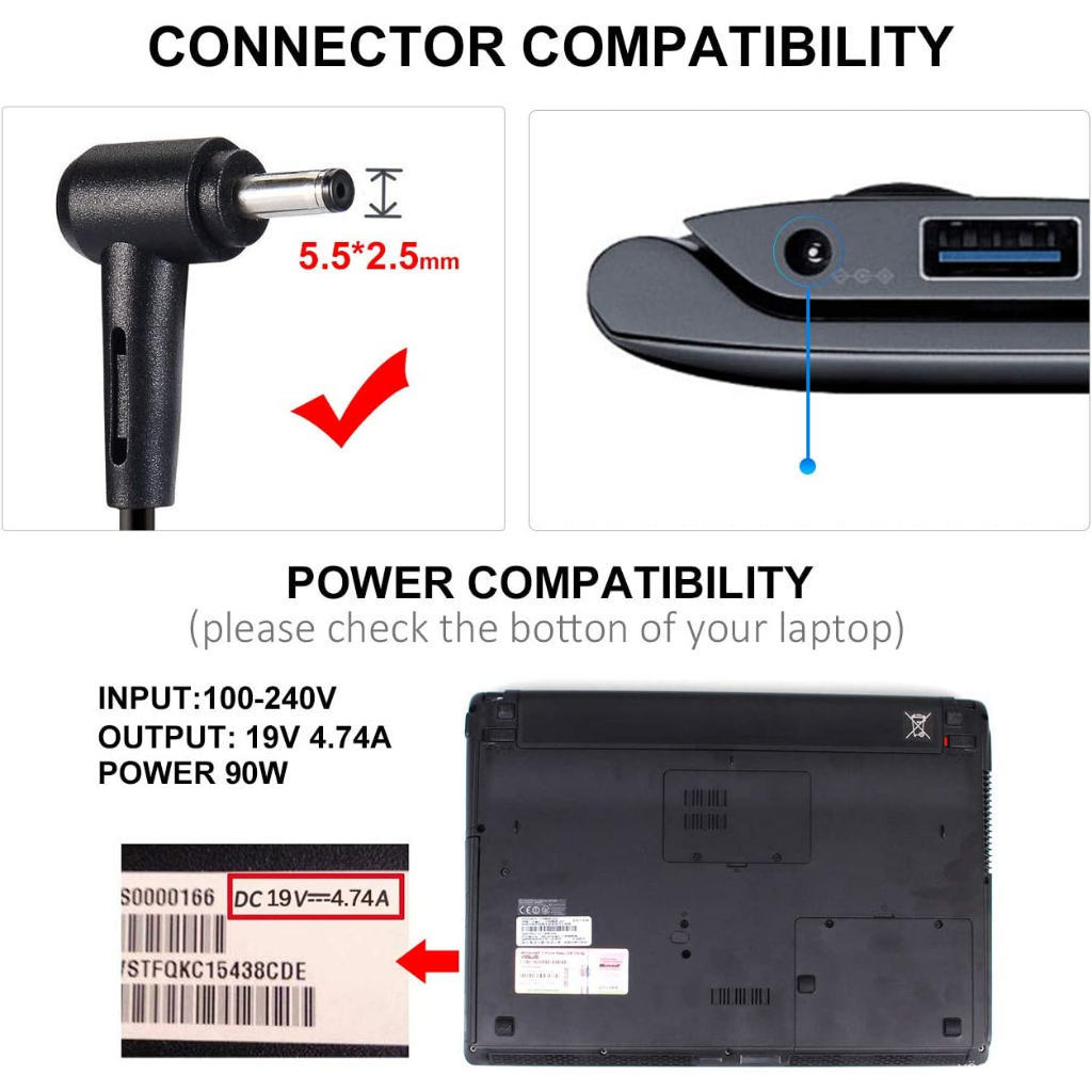 Charger Laptop ASUS A52F A53E A53S A53U A55A A55VD D550CA D550M D550MAV X555D X555DP X555B 19V 4.74A Lengkap dengan Kabel