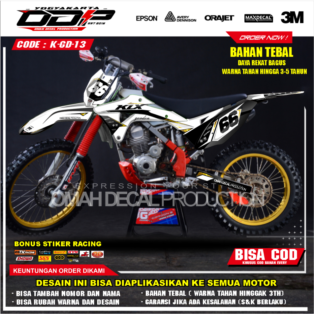 DECAL GORDON FULL BODY AKSESORIS VARIASI STICKER MOTOR KAWASAI KLX GORDONS DEKAL MOTIF SUPERMOTO STI