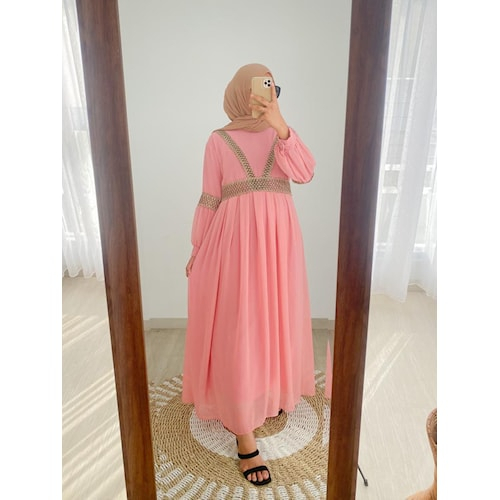 Dress Maxi Wanita Terbaru Baju Gamis Muslim Modern Renda Puring