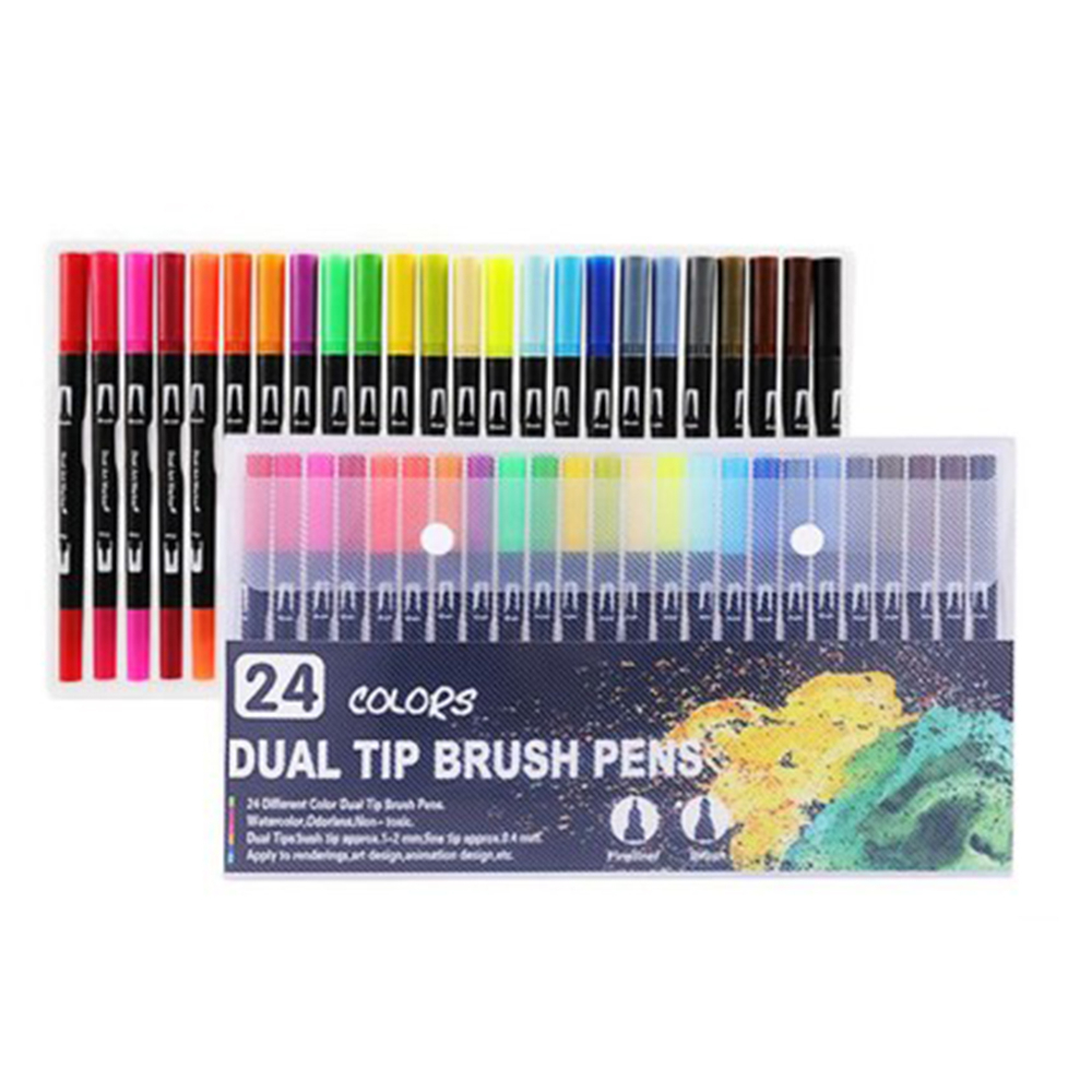 Spidol Double Head Drawing Pen Fine Art Watercolor Set 24 Color - MKB - Multi-Color