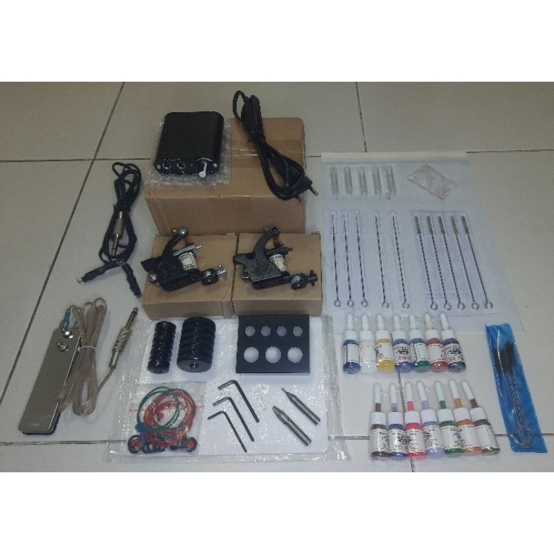 [1 Set] Tattoo kit komplit 2 mesin koil set mesin tatto untuk pemula belajar tato (BONUS GLOVE & PRA
