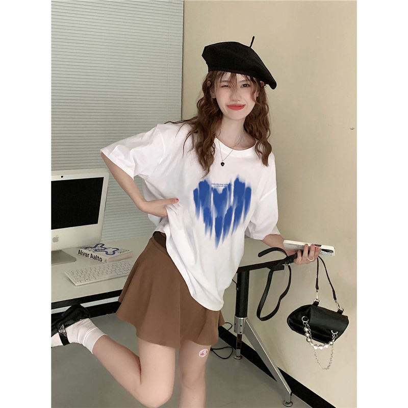 100%  Katun Heart Kaos Lengan Pendek Cream Atasan Wanita Oversize Printed T-shirt Kekinian Korean Style/kaos import wanita jumbo