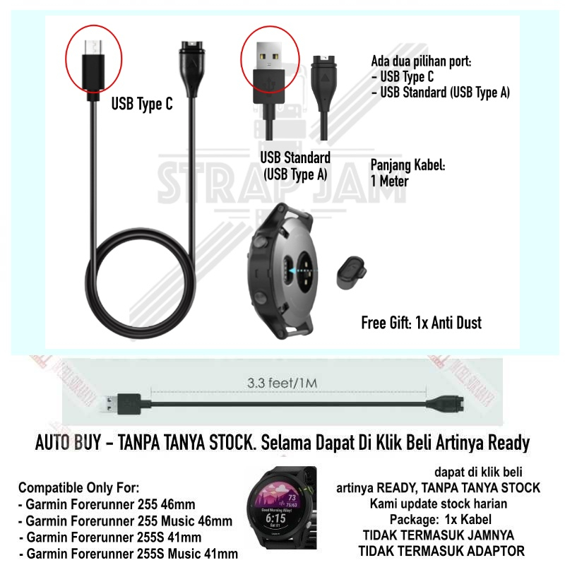 Cable Kabel Garmin Forerunner 255 / 255s / Standard / Music - Dock Charge Charging USB A / C