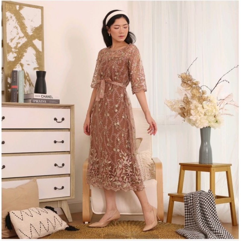 New Product Ken-228 Longdress kondangan Untuk Pesta Long Dress Hijab Long Dress Muslim Long Dress Korea Look Full Tulle Bordir  Free Tali Pinggang