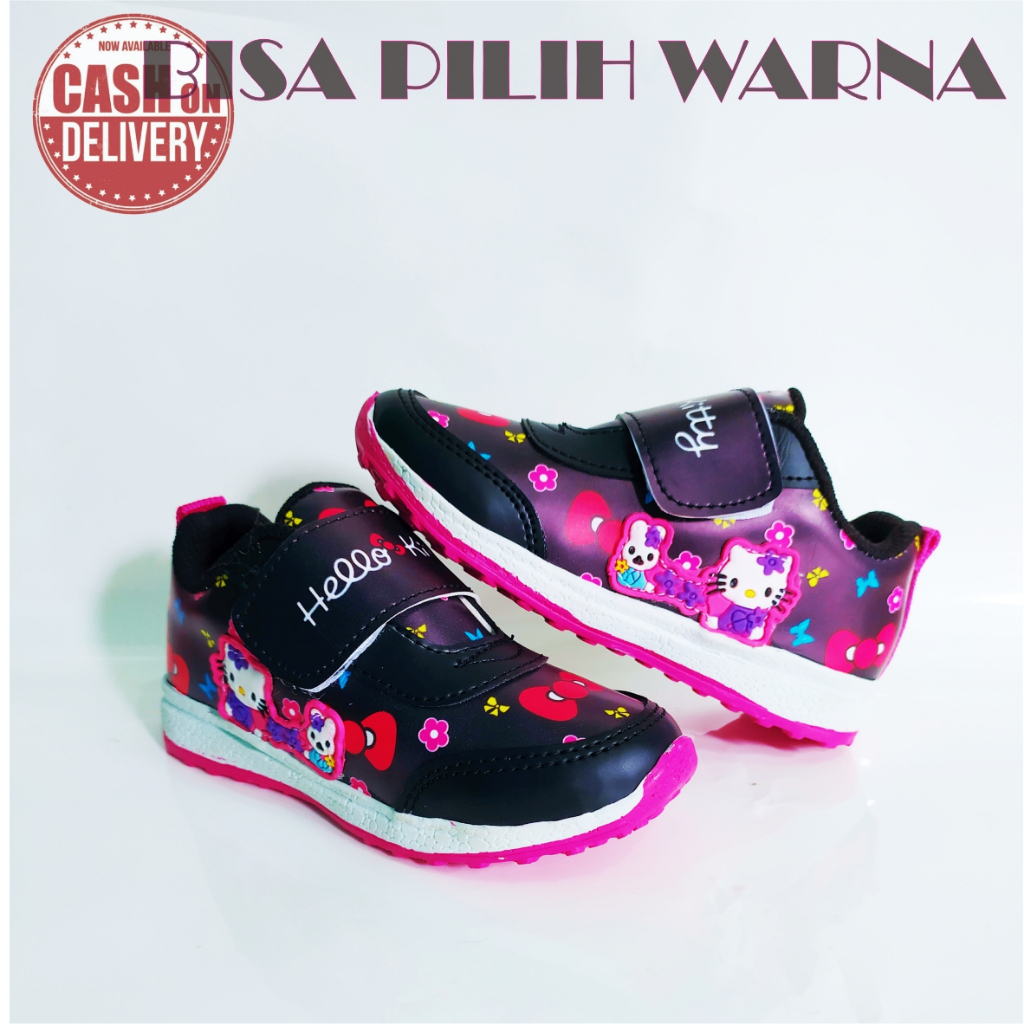 Sepatu Sneakers  hello kitty Velcro Anak - keren Merah Muda