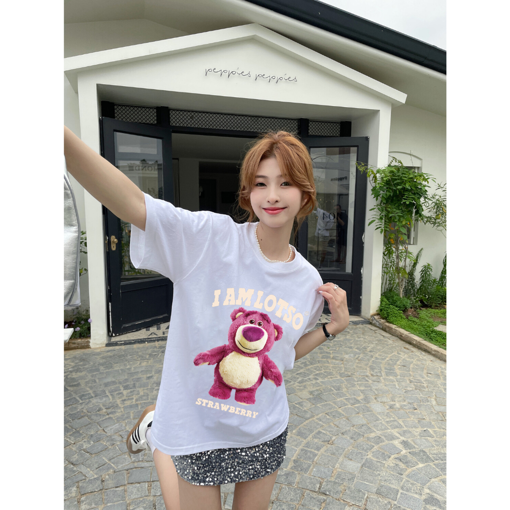 XiaoZhaiNv Kaos Atasan Oversize Wanita Strawberry Bear Pattern Lengan Pendek A0921