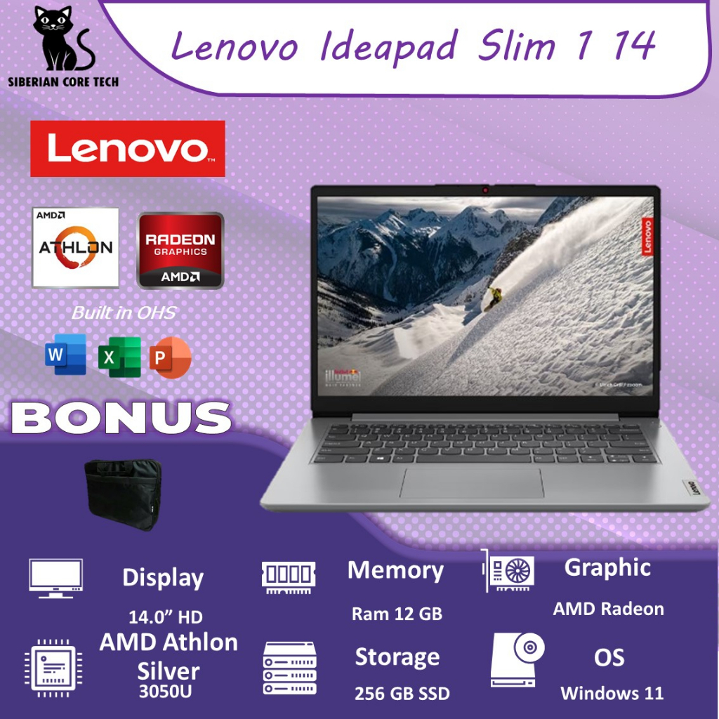 LENOVO IDEAPAD SLIM 1 14 ATHLON SILVER 3050U 12GB 256SSD RADEON W11+OHS 14.0 2YR PREM CLOUD GRY -6HID