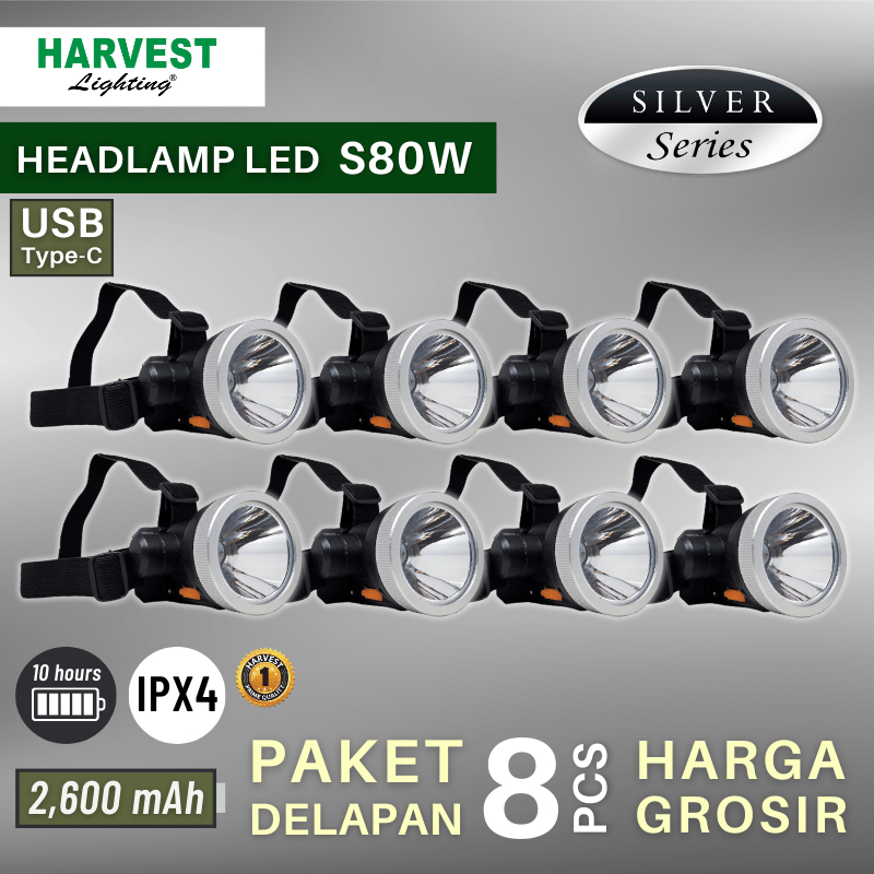 S80W Paket isi 8 - Headlamp HARVEST LIGHTING Senter Kepala LED Silver IPX4 2600mAh Lampu Emergency Travel  Hunting Berburu Rechargeable Original Bergaransi