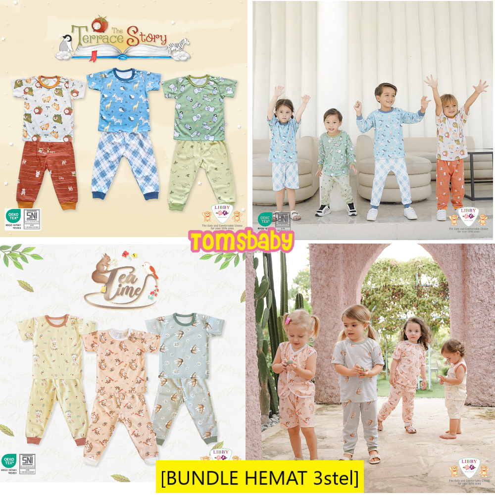 [TOMS] [BUNDLE HEMAT 3stel] [2L XL XXL] LIBBY (3stel) Oblong Pendek (Kancing Bahu) + Celana Panjang PRINT Big Size SML Besar (24-40bln)
