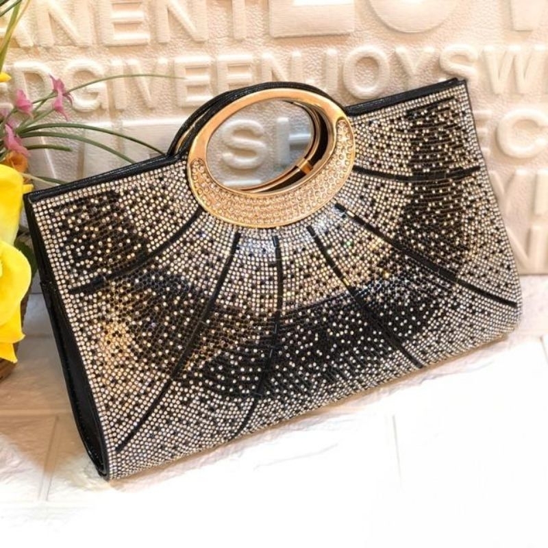Tas Pesta Wanita kondangan Import Premium Elegan terbaru 2023 motif mutiara kristal hitam gold silve