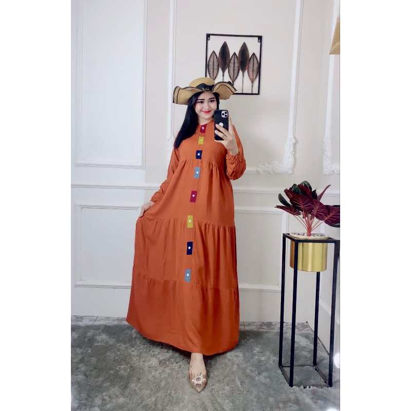 [BISA COD] Glessa midi dress terbaru/mididressusun kancing pelangi viral/Gamis rayon terlaris