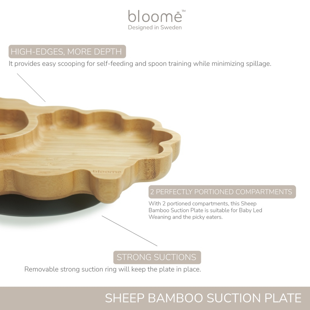 Bloome Sheep Bamboo Suction Plate For Baby Toddler And Kids |Piring Makan Domba Bambu Bayi Premium