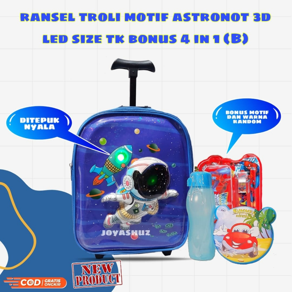 Tas Troli Anak Laki Laki Karakter Astronot Gratis Bonus - Ransel Anak Laki-laki - Ransel Troli Anak SD TK - Troli Astronot  - Tas Gratis Botol -  Tas Sekolah Anak Troli - Astronot Luar Angkasa - Tas Dorong Astro - Joyashuz