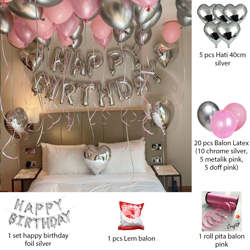 [PAKET] Dekorasi Balon Romantis PINK BEDROOM SILVER HEART Hiasan Ulang tahun / Anniversary