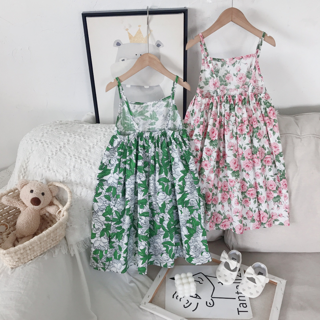 Bayi Perempuan Spaghetti Strap Dress Backless Casual Dress Floral Print Rok Rok Acak-acakan untuk Anak Perempuan Balita Musim Panas Pink Hijau