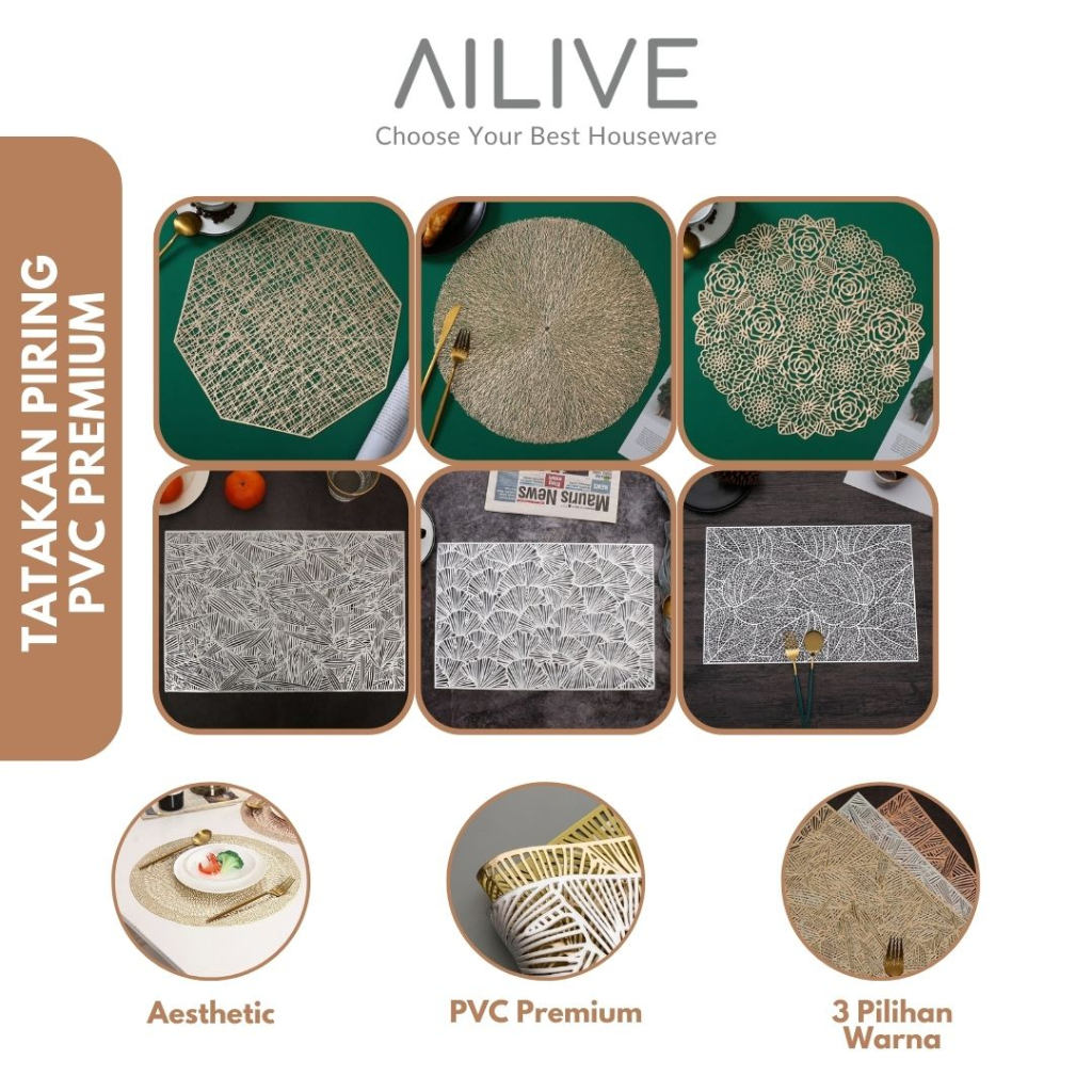 Tatakan Piring Gold PVC Anti Panas Bentuk Bulat Persegi Premium Table Mat