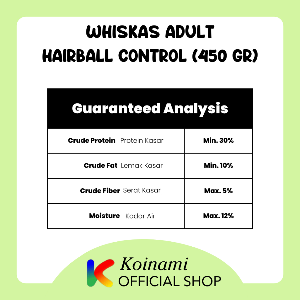 WHISKAS 450gr ADULT HAIRBALL CONTROL / makanan kucing / cat food / dray food / pakan kucing