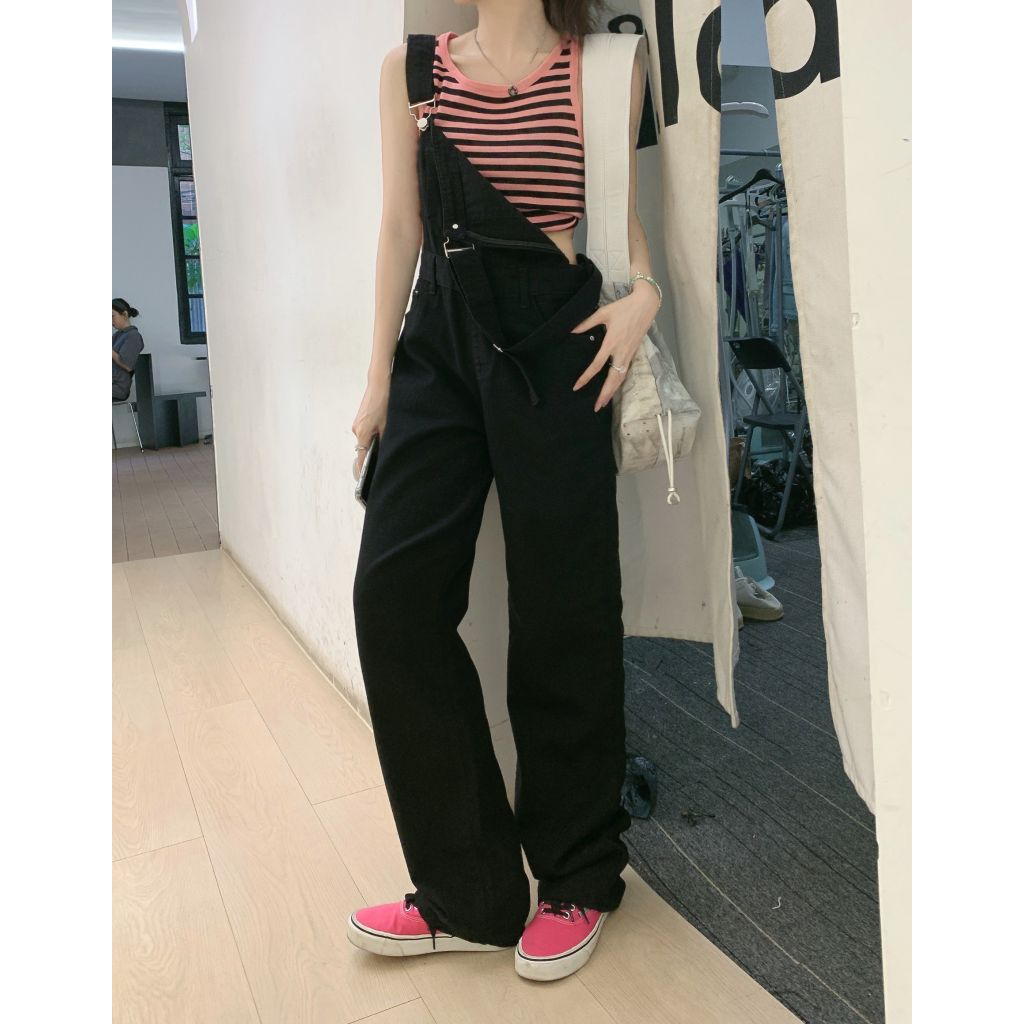 XIAOZhaiNv Overall Jeans Wanita Hitam Straight Loose Korean Style Celana Wanita