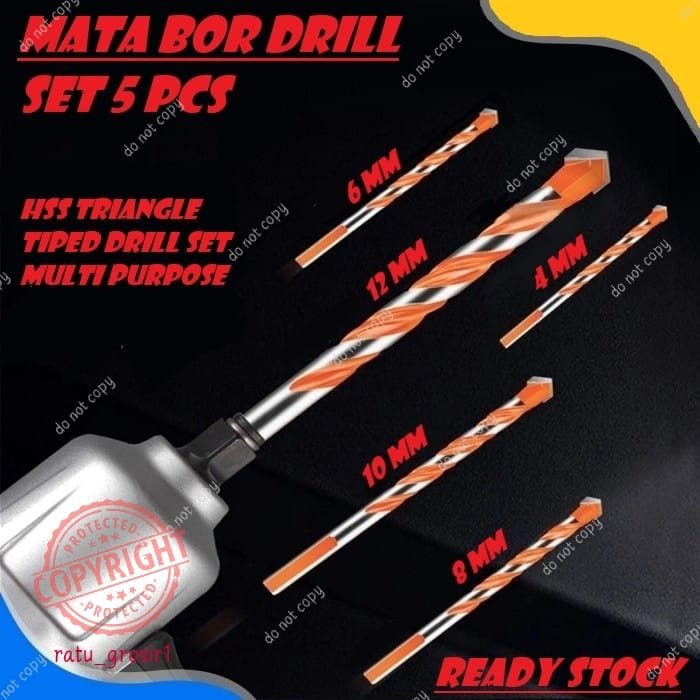 Mata Bor Drill Set 5 pcs Multi Purpose Bor Besi Beton Kayu Multifungsi hss Triangle Tipped Keramik Plastik Alumunium