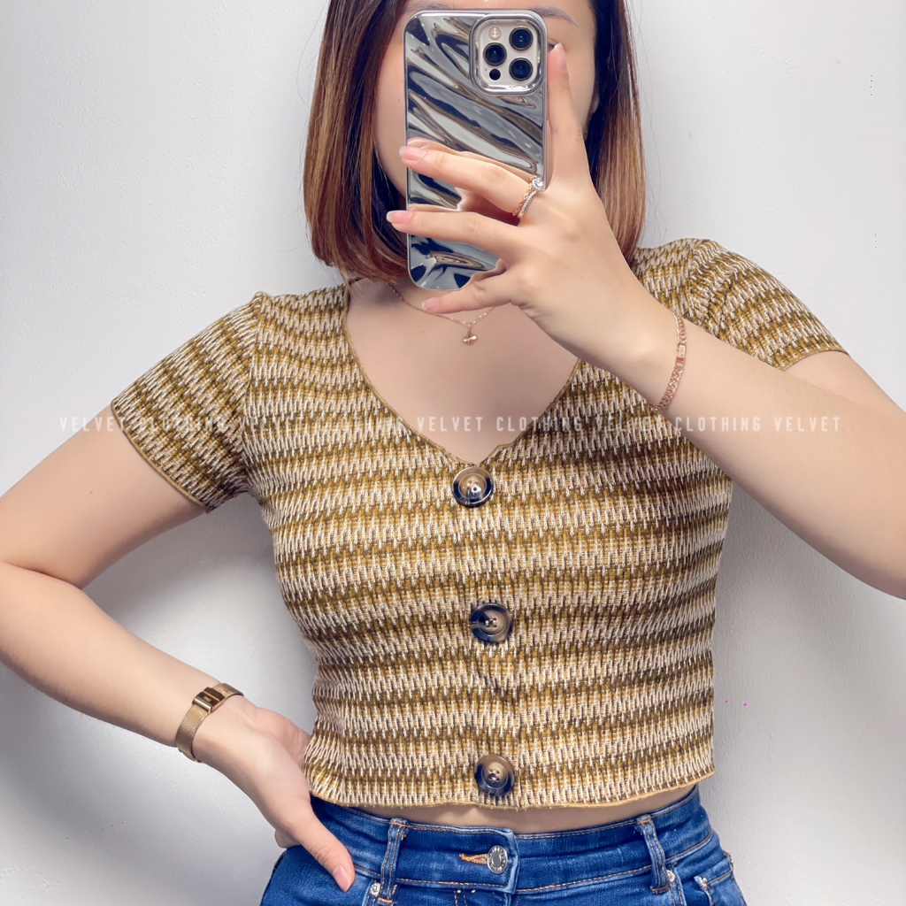 Crop Top Button Motif Tribal / Croptop Button Rib Knit 3654