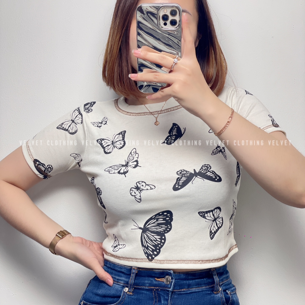 Crop Top Rib Butterfly / Croptop Knit RIb Wanita 4756