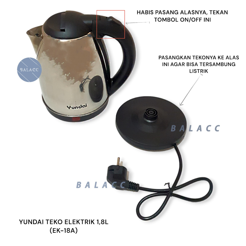 Teko Listrik 1.8 Liter Stainless Steel Yundai Pemanas Air Electric Kettle Ketel Besar Otomatis 500 Watt