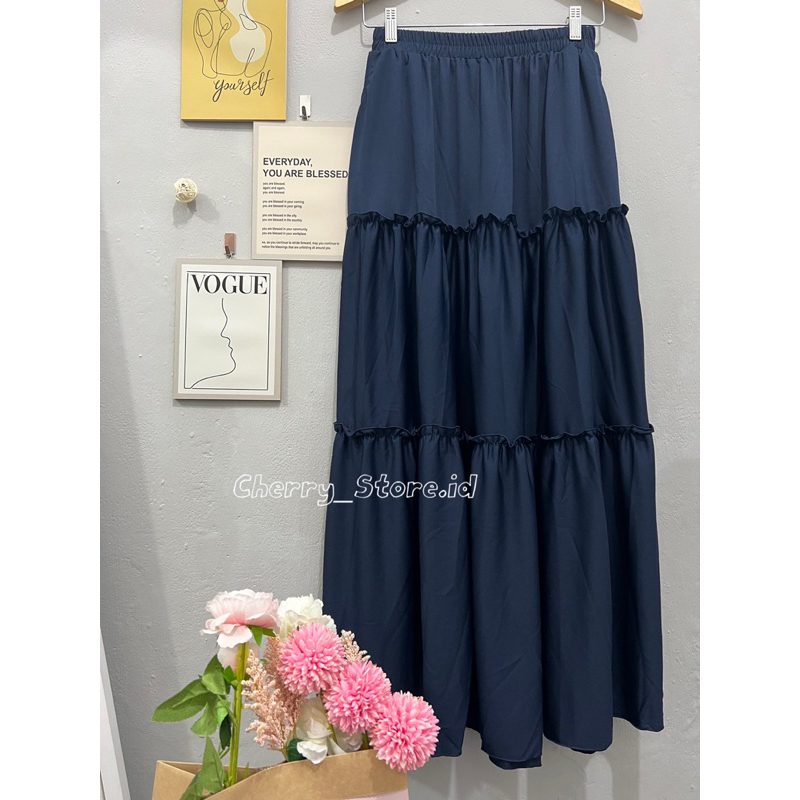 Cherry_ rok rempel beraksen 3 susun | ruffle long skirt korean style | rok panjang wanita