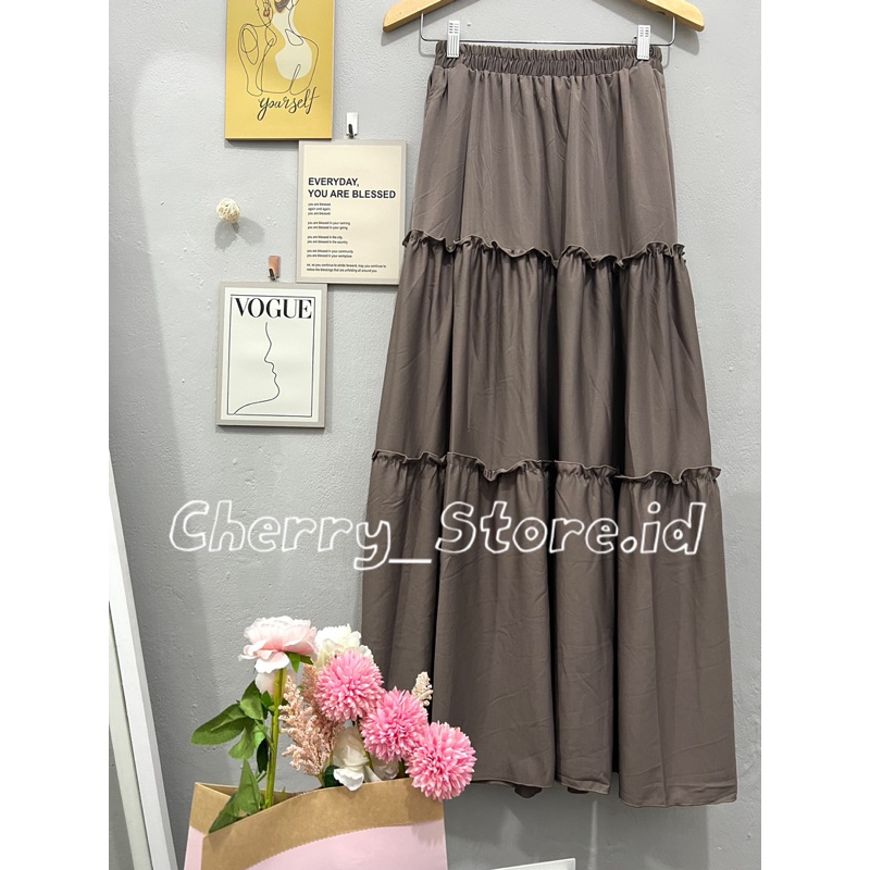 Cherry_ rok rempel beraksen 3 susun | ruffle long skirt korean style | rok panjang wanita
