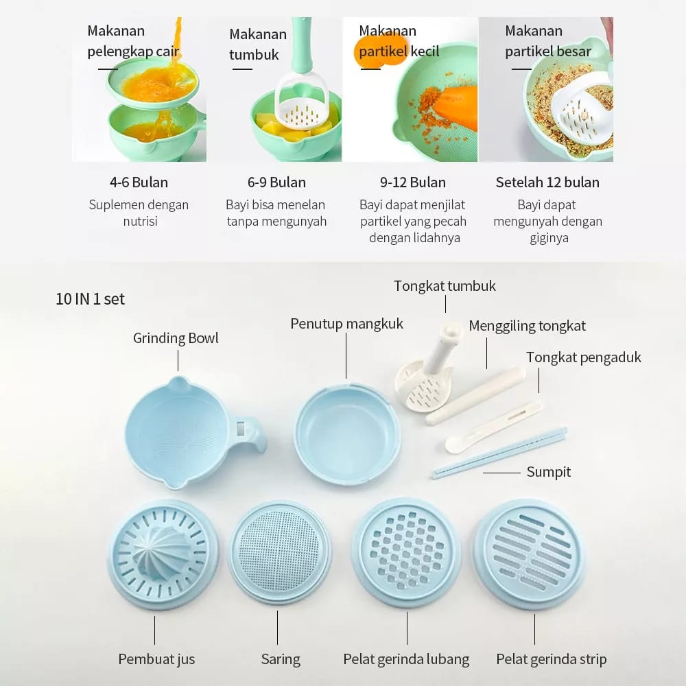 Baby Food Maker Mpasi 10 In 1 BPA Free/ Baby Grinder Set Grinding Bowl Mpasi/ Alat Pembuat Makanan Bayi Mpasi manual