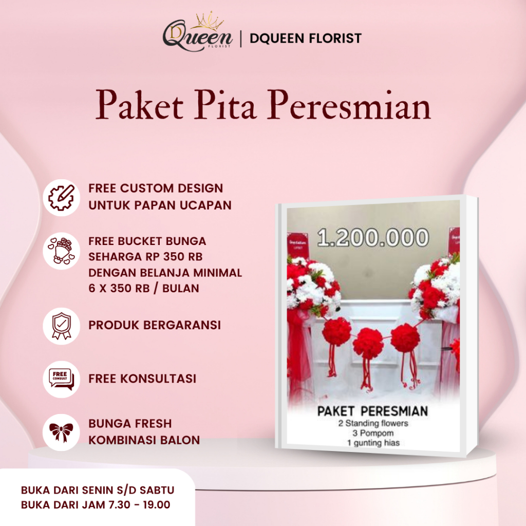 DQueen Florist Paket Pita Peresmian 2 Standing Flowers 3 Pom Pom 1 Gunting Hias Acara Grand Opening Potong Pita Gedung Kantor Custom Warna Dan Ukuran