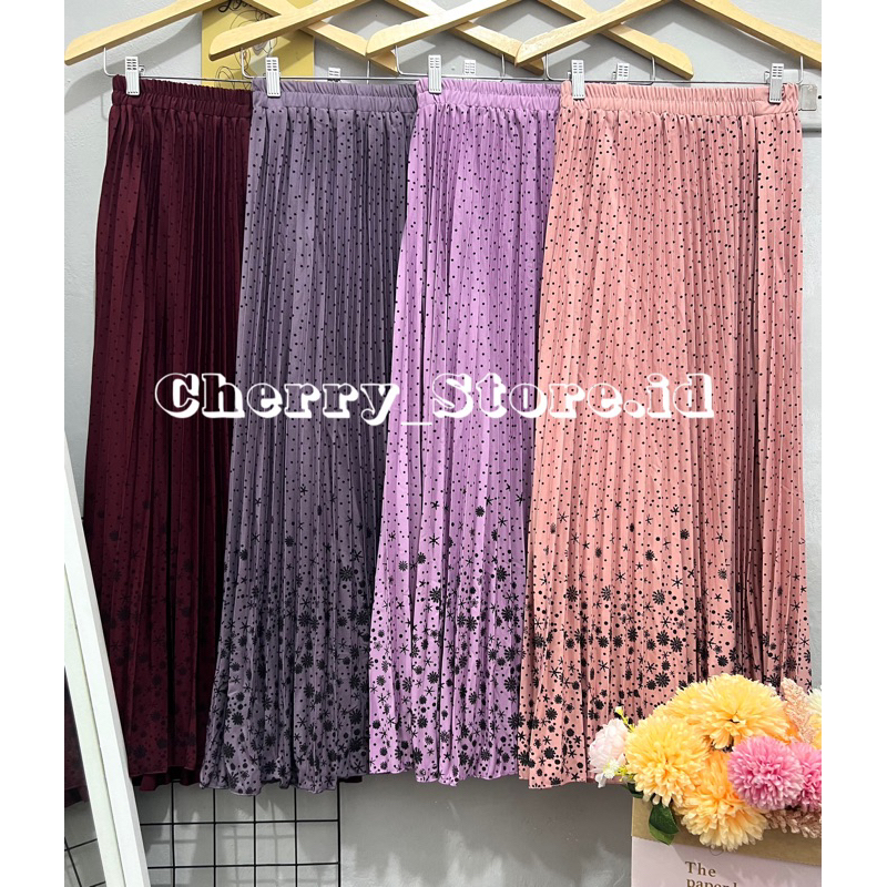 Cherry_KD01 |pleated skirt motif bunga salju | rok plisket wanita | rok panjang wanita muslim