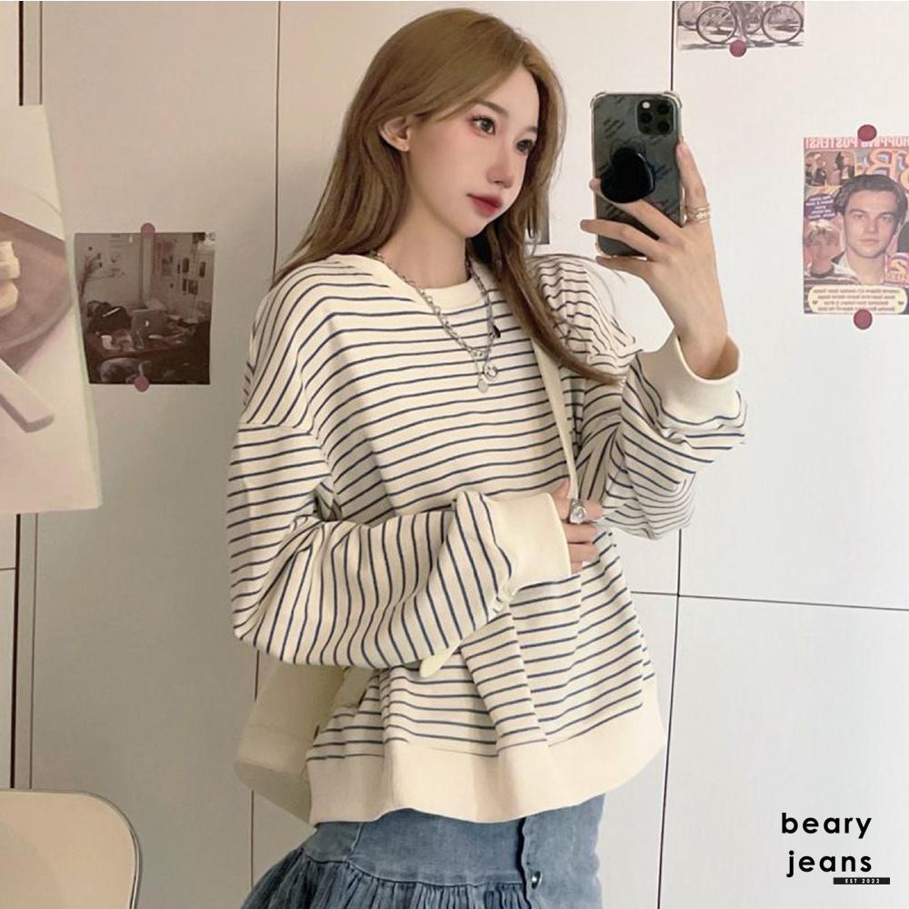 BEARYJEANS Korean Strip Sweater T-Shirt Wanita Lengan Panjang Bergaris Vintage Premium Import - BJ073