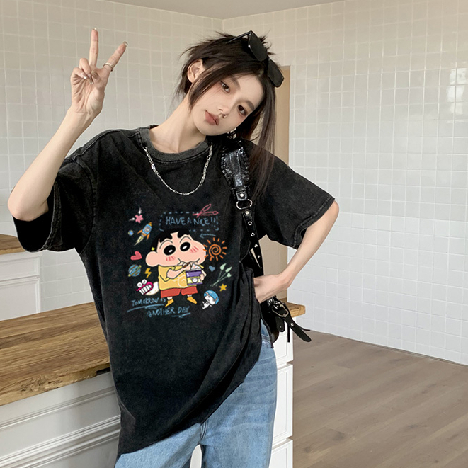 Baju Kaos Wanita Lengan Pendek Retro Oversize Crayon Shinchan Motif Printed T-shirt Import Kaos Hitam