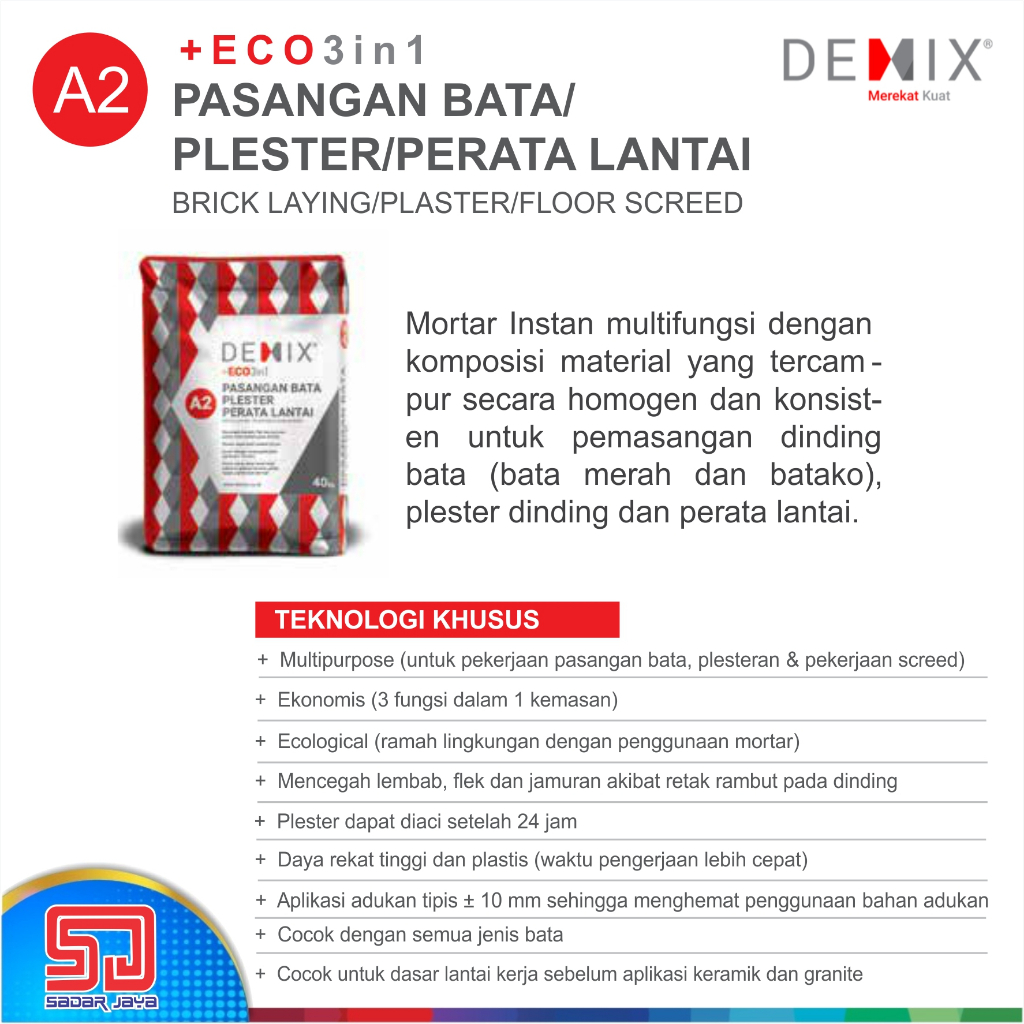 Semen Instan DEMIX A2 Mortar 3in1 Perekat bata merah / batako / plesteran dinding / perata lantai