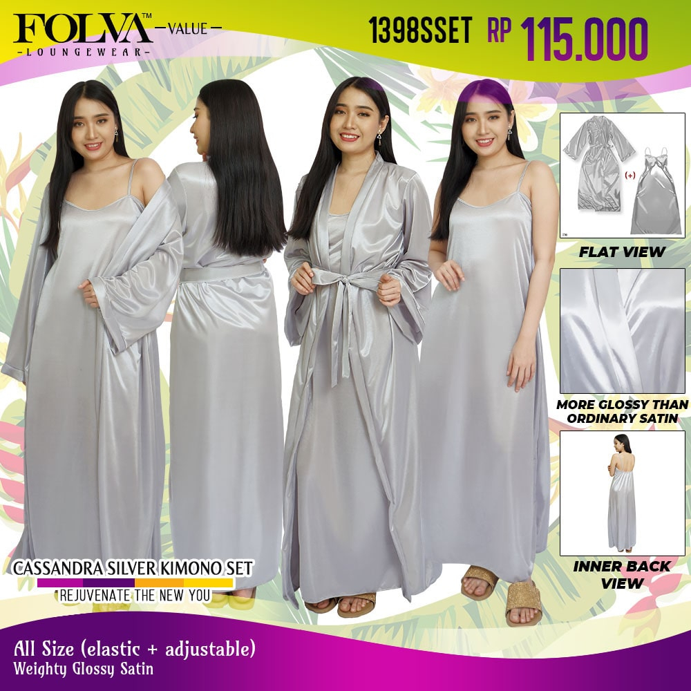 FOLVA kimono set panjang piyama satin 1398SSET silver all size