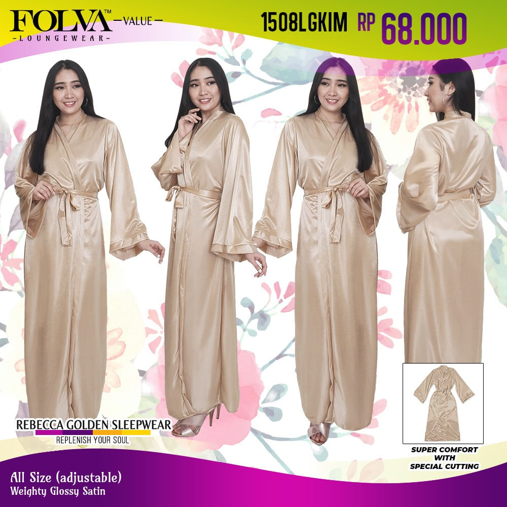 FOLVA kimono bridesmaid baju tidur sleeping robe satin 1508LGKIM gold