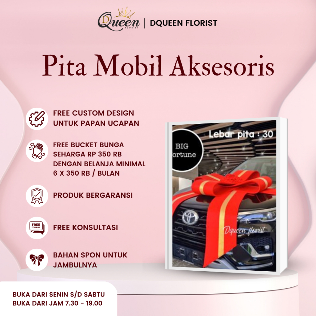 DQueen Florist Dekorasi Pita Hiasan Mobil Jumbo Pengantin Baru Motif Hadiah Bunga Bahan Spon